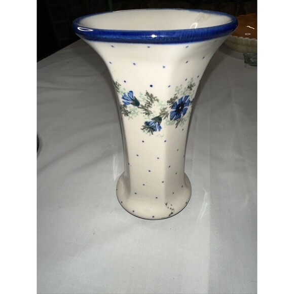 POLISH BLUE FLORAL POTTERY VASE & BASE - Picture 4 of 9